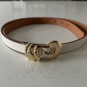 Express Cream Leather Belt with Gold Buckle